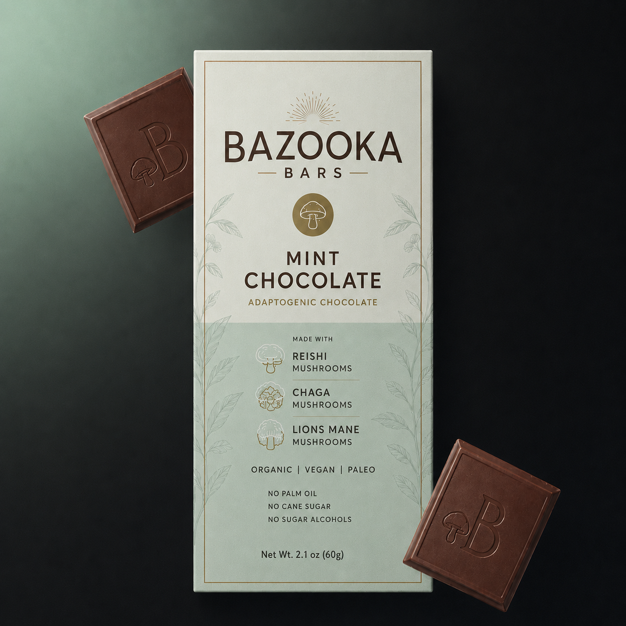 Bazooka Bars Mint Chocolate Vegan Multi-Blend Health Bar, bazooka bars, bazookas bar, bazookabars, bazooka bar, mushroom bar, bazooker, bazookas